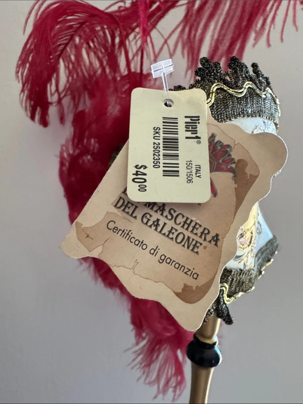 Gold Venetian Handheld Mask with Red Feather Accent